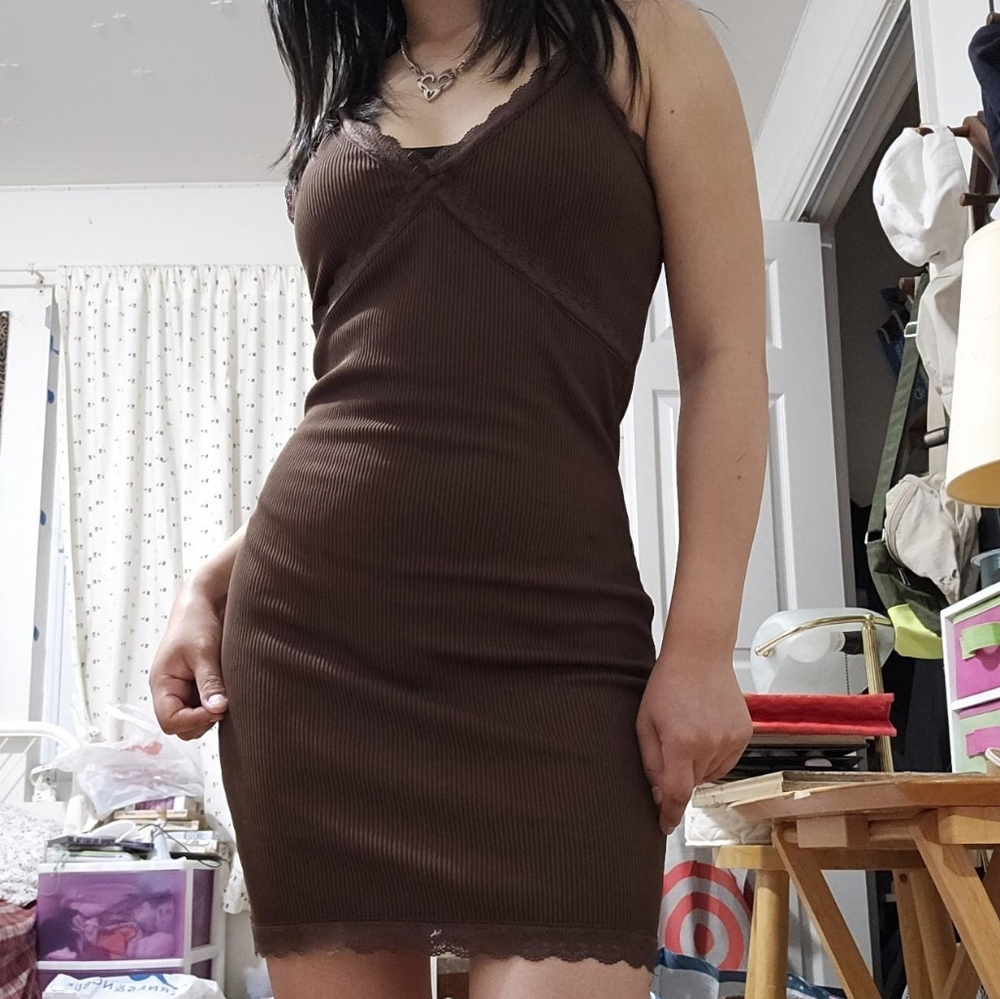 H&M Women's Medium Bodycon Lace Trim Brown Coquette Ribbed Dress
